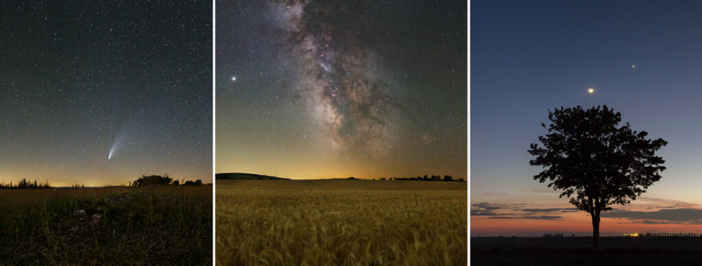 Tryptique d'image : à gauche la comète Néowise dans les Cévennes, au centre la Voie Lactée au dessus d'un champ de blé et à droite un arbre et la conjonction Lune Vénus
