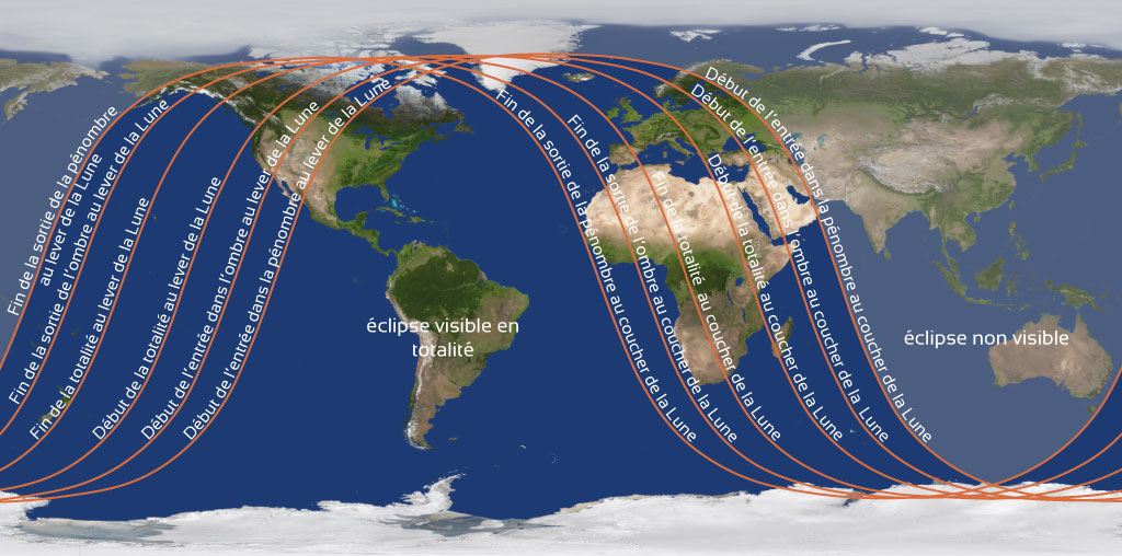 Mappemonde montrant les différentes zones de visibilité de l'éclipse totale de Lune du 15 au 16 mai 2022. Des traits rouges montrent la limite de visibilité des différentes phases au lever ou au coucher de la Lune.