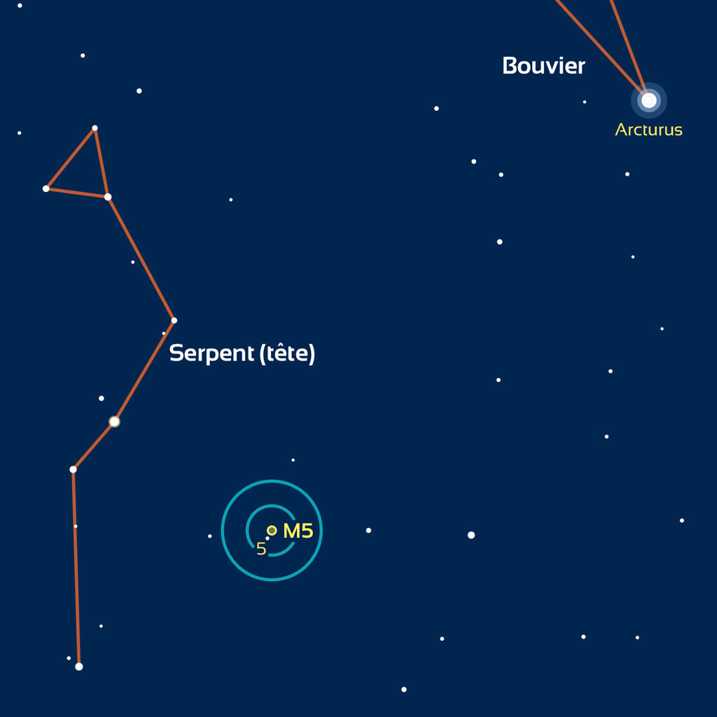 Carte de la région du Serpent, près de l'étoile Arcturus, servant à repérer M5.