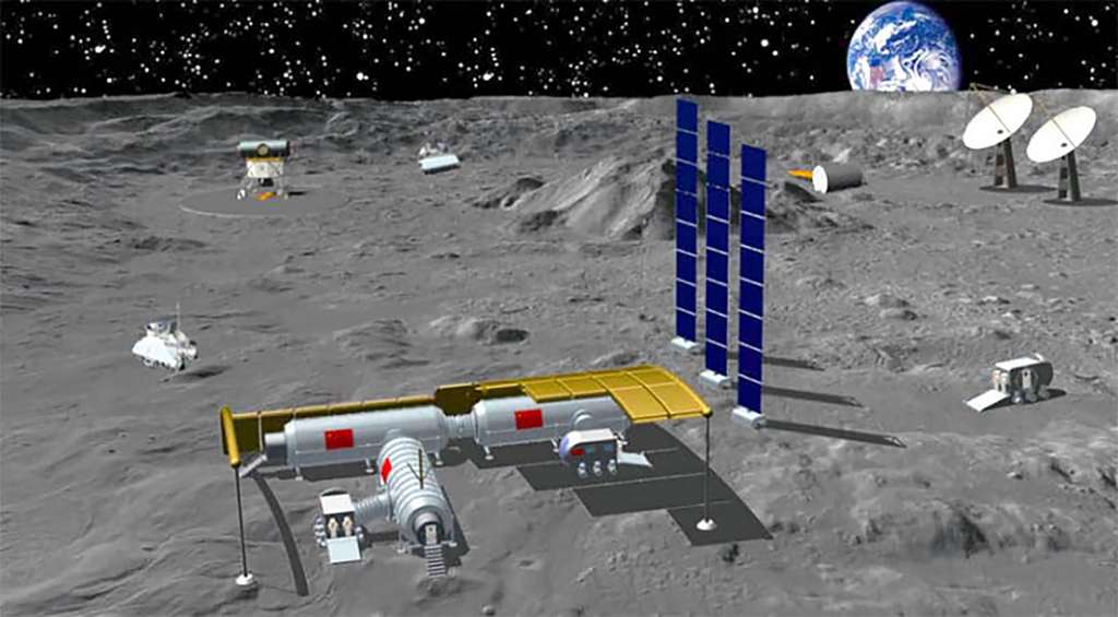 Pluisieurs "bâtiments" sur le sol lunaire qui représentent le projet de futur centre de recherche lunaire de la Chine. 