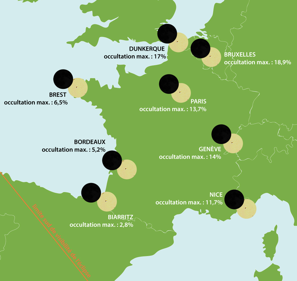 Carte montrant les croissants de Soleil visibles le 25 octobre 2022 pour différentes villes de France. Les croissants sont placés sur une carte de France. La limite sud de visibilité de l'éclipse est représentée par une ligne rouge passant au centre de l'Espagne.