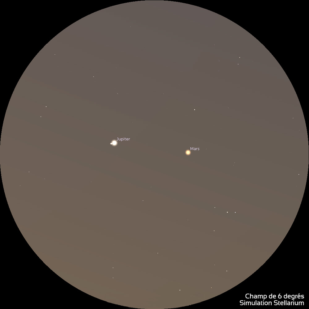 Illustration montrant la position horizontale du duo Jupiter Mars, tel que vu dans des jumelles 10x50.