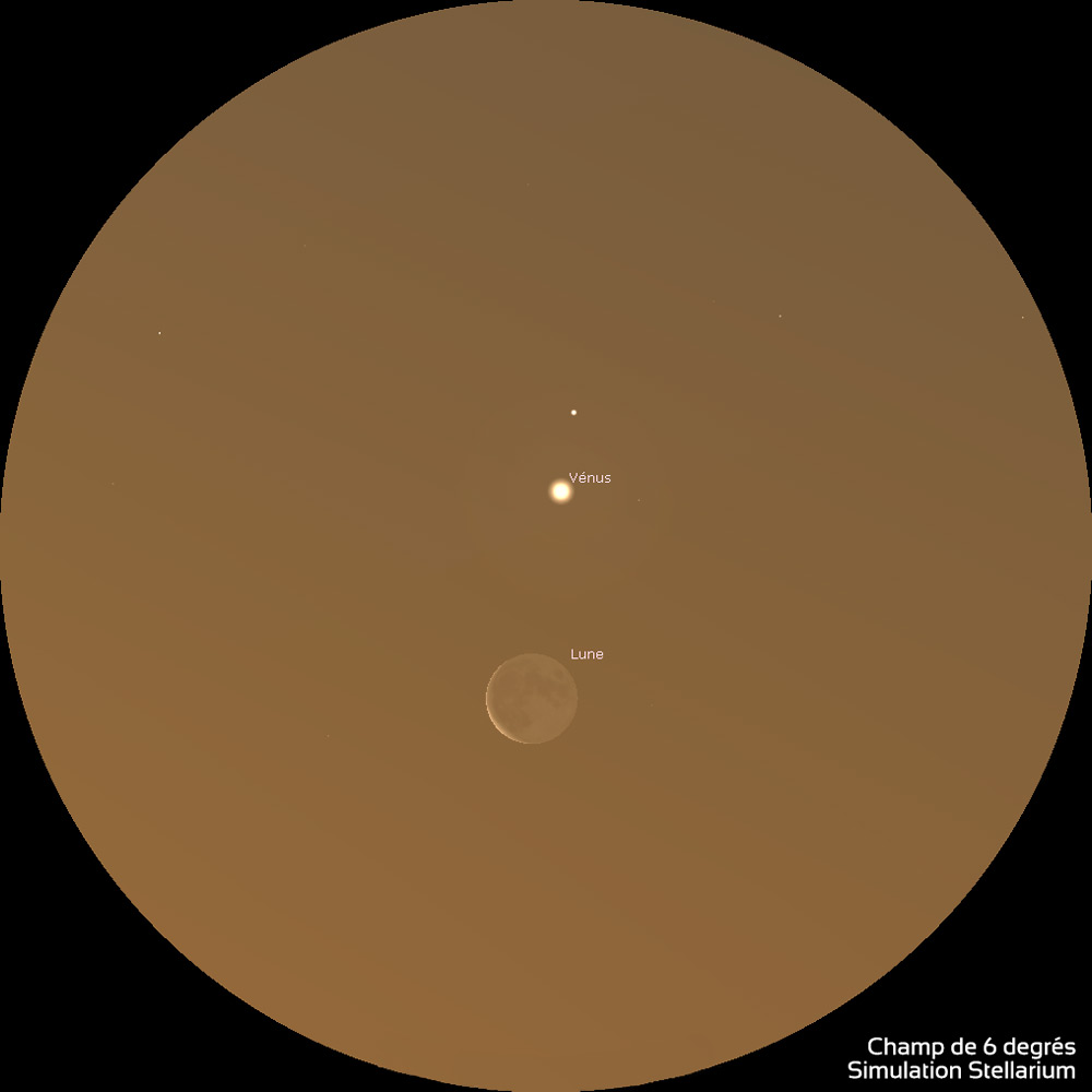 Illustration montrant la position verticale du duo Lune-Vénus, tel que vu dans des jumelles 10x50.