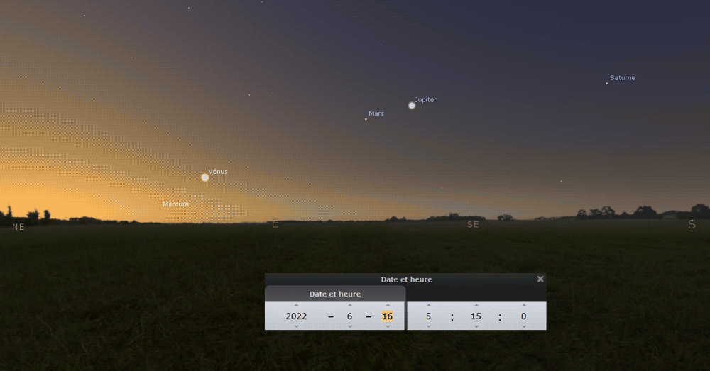Animation montrant Mercure,Vénus, Mars, Jupiter et la Lune entre le 16 et le 29 juin dans l'aube, au-dessus d'un horizon campagnard.