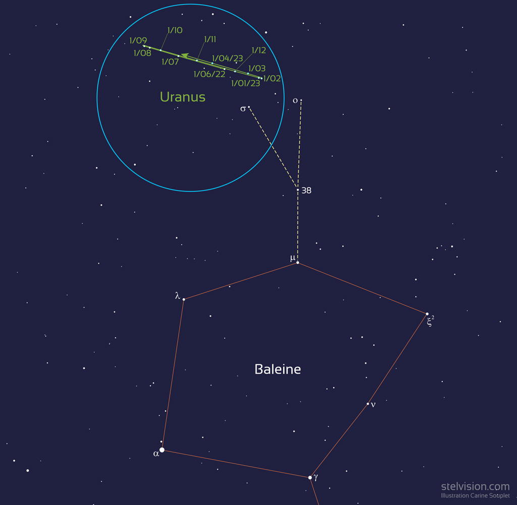 Localisation de la planète Uranus entre juin 2022 et avril 2023, près de la constellation de la Baleine et des étoiles omicron et sigma Bélier. Le cercle bleu de 6 degrés représente le champ d'une paire de jumelles.