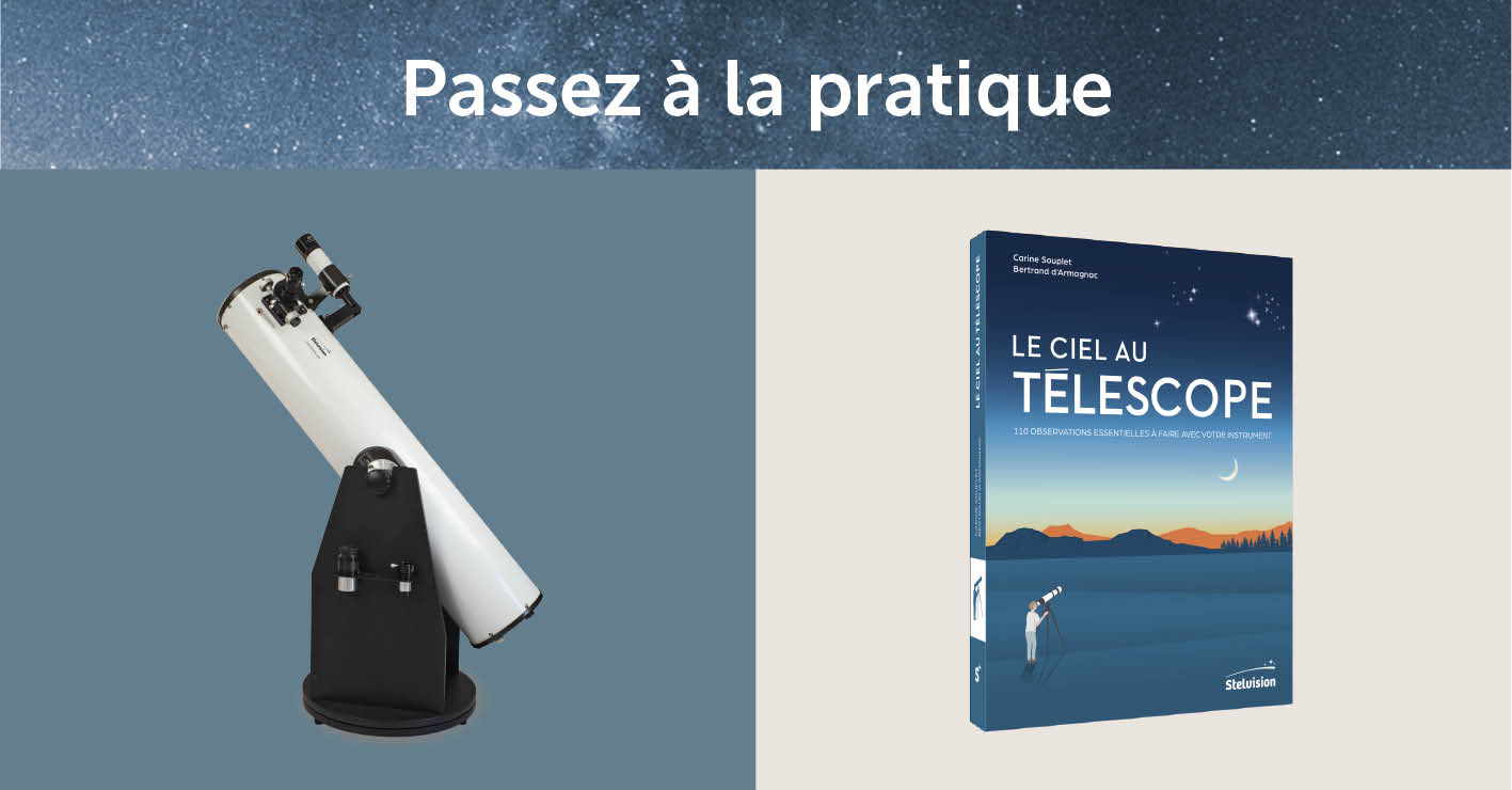 Visuel publicitaire avec Stelescope 200 et livre Le Ciel au télescope