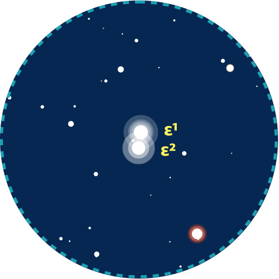 Carte de repérage aux instruments de epsilon Lyre dans la Lyre. Le cercle bleu pointillé représente un champ de 1°.