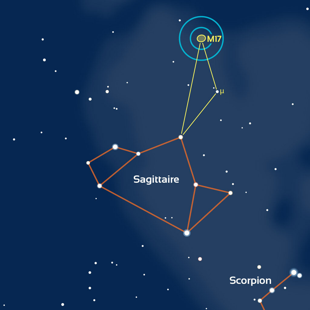 Carte de repérage de M17 dans le Sagittaire. Les cercles bleus représentent des champs de 4° (typique d’un chercheur) et 2° (champ typique d’un pointeur à mire circulaire). 