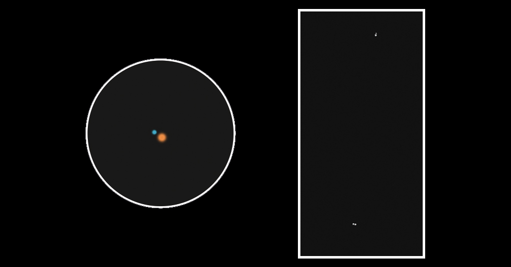 À gauche, représentation d'Albiréo : l'étoile rouge est plus brillante que l'étoile bleue. À droite, les deux composantes d'epsilon Lyre (assez éloignées sur l'image) qui sont elle-mêmes doubles et très serrées sur l'image.