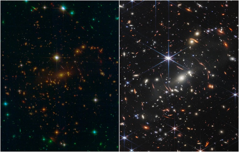 Comparaison des vues de l'amas SMACS 0723 par Hubble à gauche sur fond noir, et à droite vu par le JWST avec beaucoup plus de galaxies visibles, également sur fond noir.