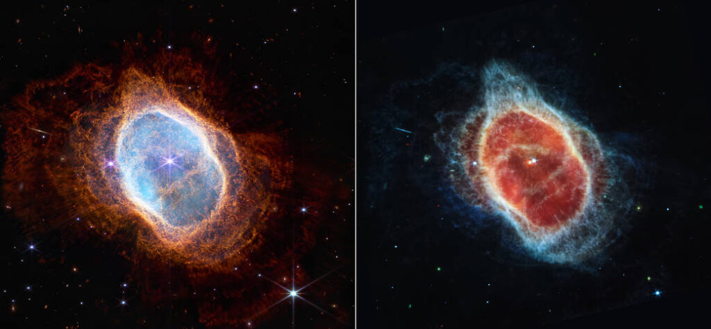 Deux images en couleurs bleu et orangé de la nébuleuse de l'anneau du Sud. On y distingue au centre une étoile binaire. 