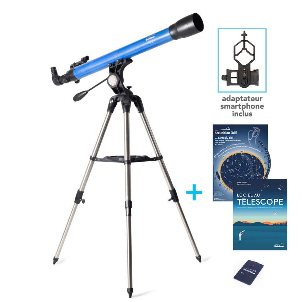 photo ensemble Stelescope 70 avec adaptateur smartphone et carte du ciel Stelvision 365 et guide Le Ciel au télescope et lampe StelFlash
