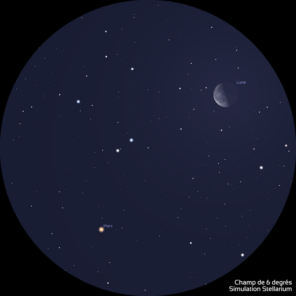 Illustration montrant l'aspect de la Lune et de Mars dans des jumelles 10x50. En haut à droite, la Lune est au dernier quartier, en bas à gauche Mars est lumineuse et orangée.