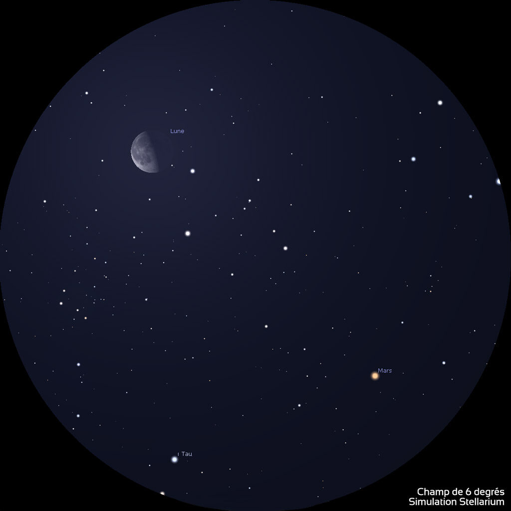 Illustration montrant l'aspect de la Lune et de Mars le 17 septembre 2022 vers 6h  tels qu’on peut les voir dans une paire de jumelles de type 10×50. Dans le champ étoilé, on voit la Lune presque au dernier quartier en haut à gauche et la planète Mars orangée en bas à droite.