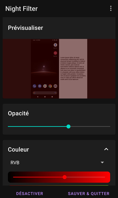 Capture d'écran de l'application Night Filter, on voit les différents paramètres de réglage et une prévisualisation du rendu en rouge.