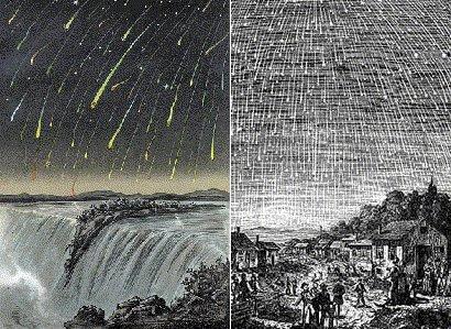 Deux gravures du 19e siècle mises côte à côte montrant les milliers d'étoiles filantes vues lors des Léonides 1833 et 1866. A gauche, la pluie se déroule au dessus d'une cascade et à droite, au dessus d'un village avec des observateurs.