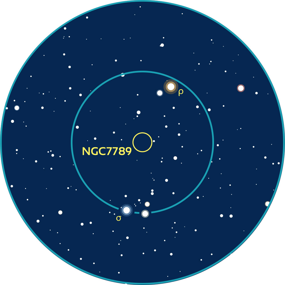 Carte de repérage aux instruments de NGC7789 dans Cassiopée. Les cercles bleus représentent des champs de 4° (typique d’un chercheur) et 2° (champ d’un oculaire classique grossissant 25 à 30 fois).