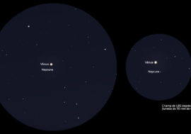 Aspect du rapprochement entre Vénus et Neptune le 15 février 2023 vers 19h15 (heure de Paris). À gauche, aspect dans une paire de jumelles classiques de type 10x50. À droite, aspect dans une lunette de 70 mm de diamètre avec un grossissement de 28 fois. Crédit : Stelvision/Stellarium/Carine Souplet