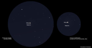 Aspect du rapprochement entre Vénus et Neptune le 15 février 2023 vers 19h15 (heure de Paris). À gauche, aspect dans une paire de jumelles classiques de type 10x50. À droite, aspect dans une lunette de 70 mm de diamètre avec un grossissement de 28 fois. Crédit : Stelvision/Stellarium/Carine Souplet