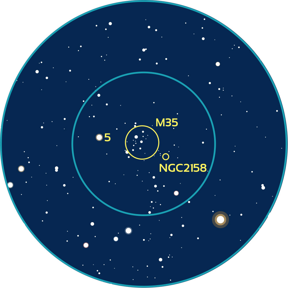 Carte représentant la vision à l'oculaire des étoiles autour des amas ouverts NGC2058 et M35 dans les Gémeaux.