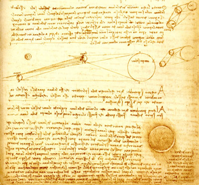 Photo du Codex de Leicester écrit par Léonard de Vinci où se trouve l'explication de la lumière cendrée, ainsi que plusieurs schémas. Le papier est jauni, et l'écriture inversée (lisible uniquement dans un miroir).