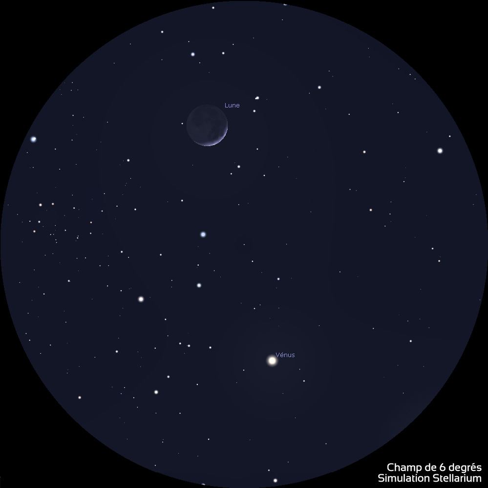 Illustration simulant ce qu'on voit dans une paire de jumelles de 6 degrés de champ. Sur le fond de ciel étoilé, on voit la Lune en croissant en haut à gauche avec la lumière cendrée, et en bas à droite l'étincelante Vénus.