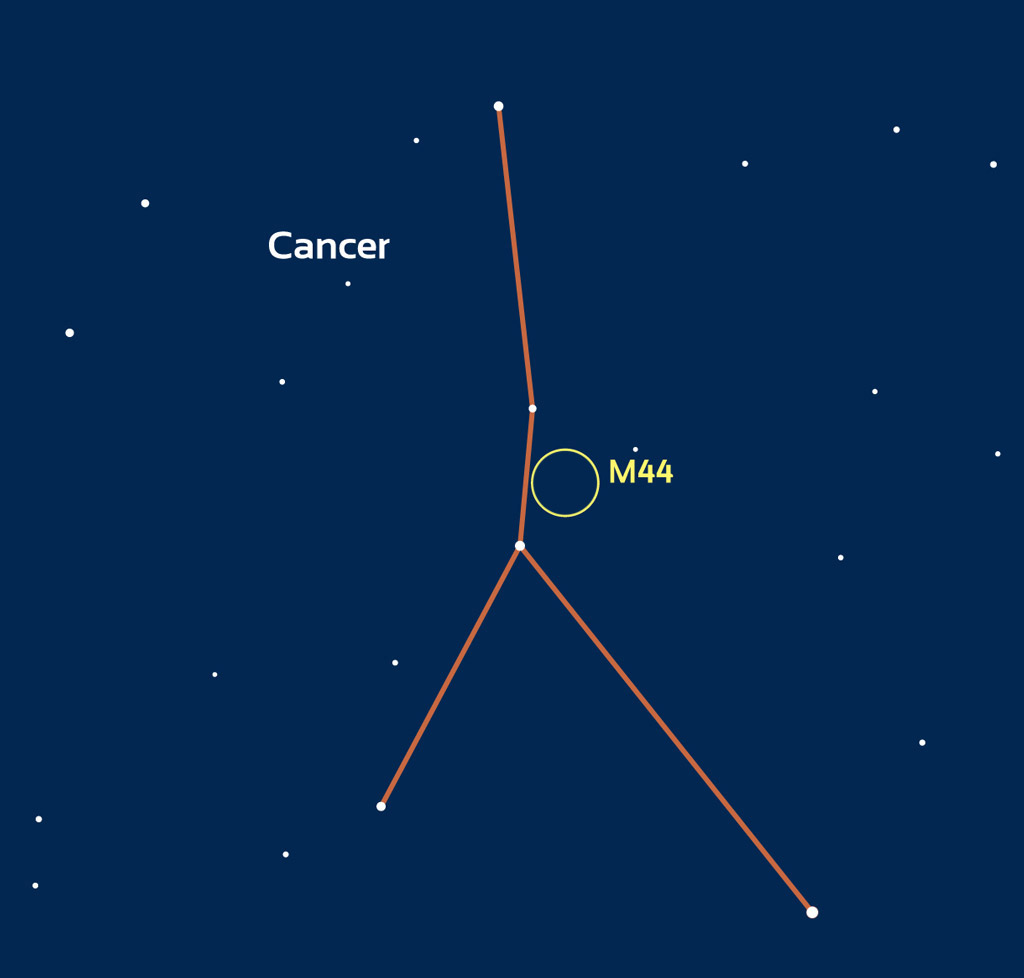 Carte montrant la constellation du Cancer en forme de Y à l'envers, dessiné avec des traits orange. Près de l'intersection des trois branches se trouve l'amas ouvert M44, matérialisé par un cercle jaune.