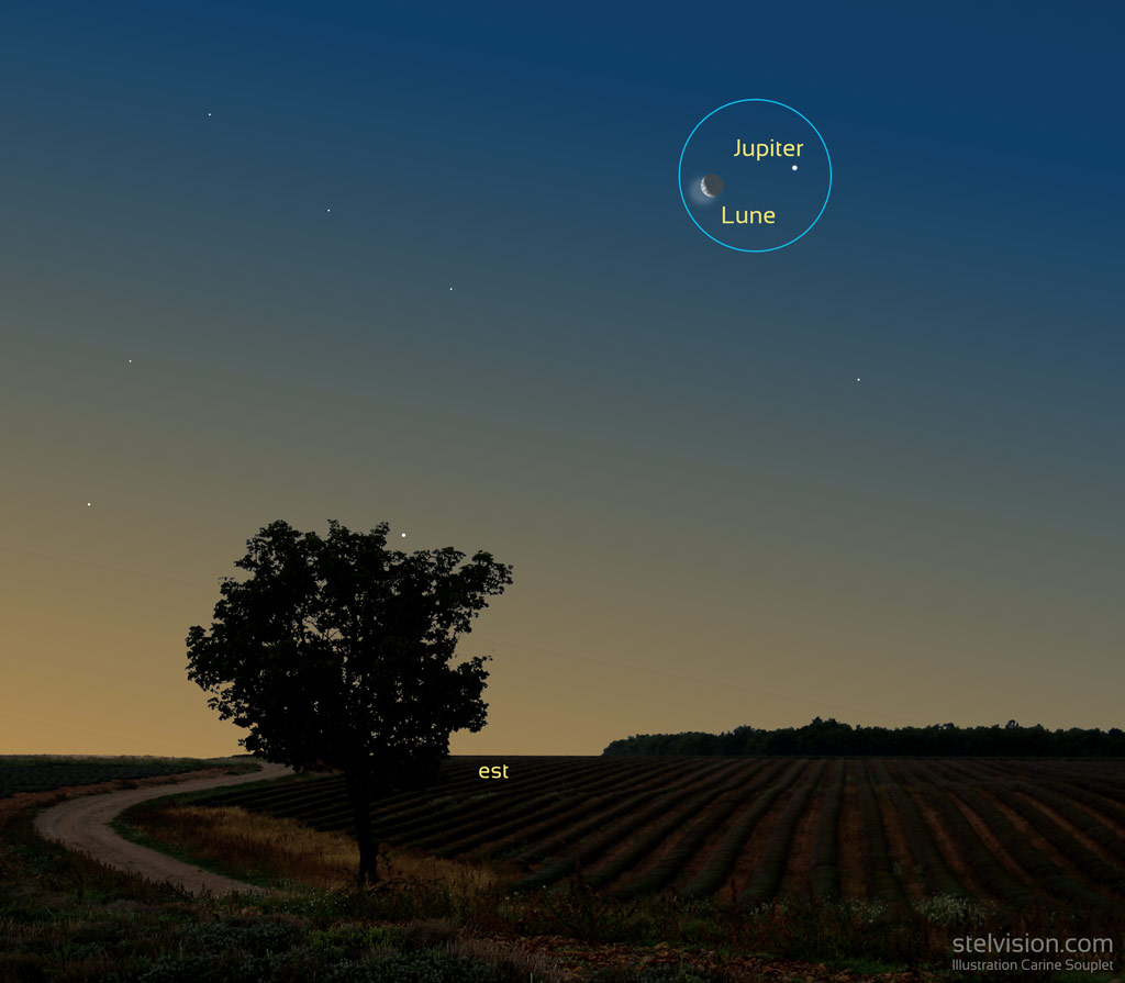 Illustration montrant la position de la Lune et de Jupiter vers 5h30 le 12 juillet. La Lune est à gauche, Jupiter à droite assez haut dans le ciel et assez proches l'une de l'autre. Un cercle bleu figure le champ d'une paire de jumelles 10x50. Le ciel est un dégradé allant du bleu à l'orangé, en premier plan un champ de lavande, un arbre solitaire et un chemin.