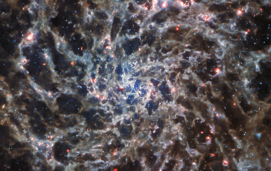 Image de la galaxie IC5332 prise par l'instrument MIRI du télescope Webb, ressemblant à des toiles d'araignées grises en forme de spirale. Ces « toiles d'araignées » sont des modèles de gaz répartis dans toute la galaxie. Le noyau de la galaxie brille d'un bleu foncé. Les étoiles, vues comme de minuscules points bleus, sont dispersées dans l'image. Il y a aussi des points rouges plus clairsemés et plus grands répartis entre les bras spiraux. Le fond de l'image est sombre.

