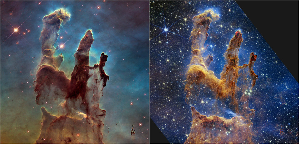 Deux images des Piliers de la Création, une région de formation d'étoiles dans l'espace. À gauche, la vue en lumière visible de Hubble montre des piliers plus sombres qui montent du bas vers le haut de l'écran, se terminant en trois points. Le fond est opaque, rehaussé de jaune et vert vers le bas et de bleu et violet vers le haut. Une poignée d'étoiles de différentes tailles apparaissent. L'image proche infrarouge de Webb à droite montre les mêmes piliers, mais ils sont semi-opaques et de couleur rouge rouille. Les sommets des deuxième et troisième piliers sont mis en valeur dans des tons bruns plus foncés et ont des contours rouges. L'arrière-plan est coulé dans des bleus et des noirs plus foncés, et des étoiles jaunes et blanches de toutes tailles tachent toute la scène. L'image de Webb a été recadrée et tournée pour correspondre à la vue de Hubble, une grande partie du coin supérieur droit et une petite partie du coin gauche ont été laissées en noir.