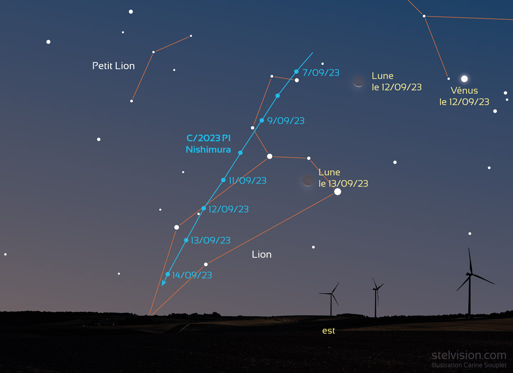 Carte montrant la trajectoire de la comète Nishimura dans la constellation du Lion. La trajectoire de la comète est en bleu, le jour commence à se lever, la comète s'abaisse de jour en jour vers l'horizon, elle va de en haut à droite de la carte vers en bas à gauche.