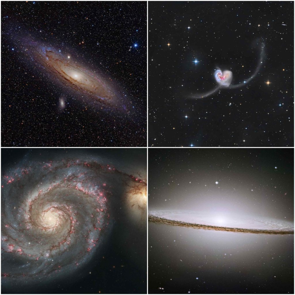 Quatre galaxies différentes : la galaxie d'Andromède, les galaxies des Antennes, la galaxie du Tourbillon et la galaxie du Sombrero.