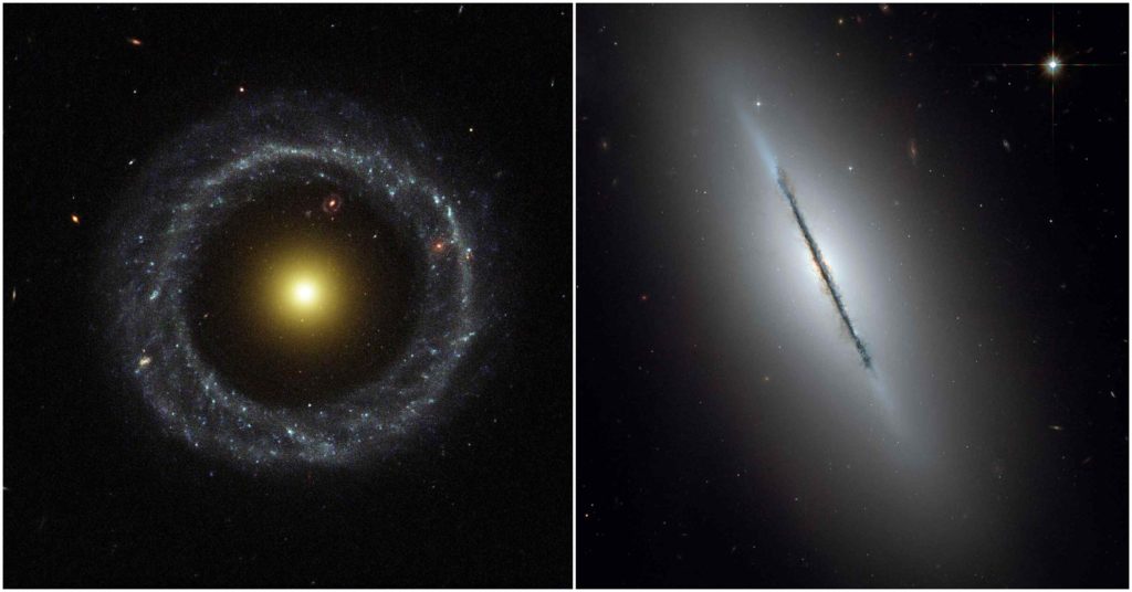 Deux images côte à côte : sur fond de ciel étoilé à gauche une galaxie en forme d'anneau autour d'un centre brillant jaune doré et à droite une galaxie lenticulaire vue très fine par la tranche.