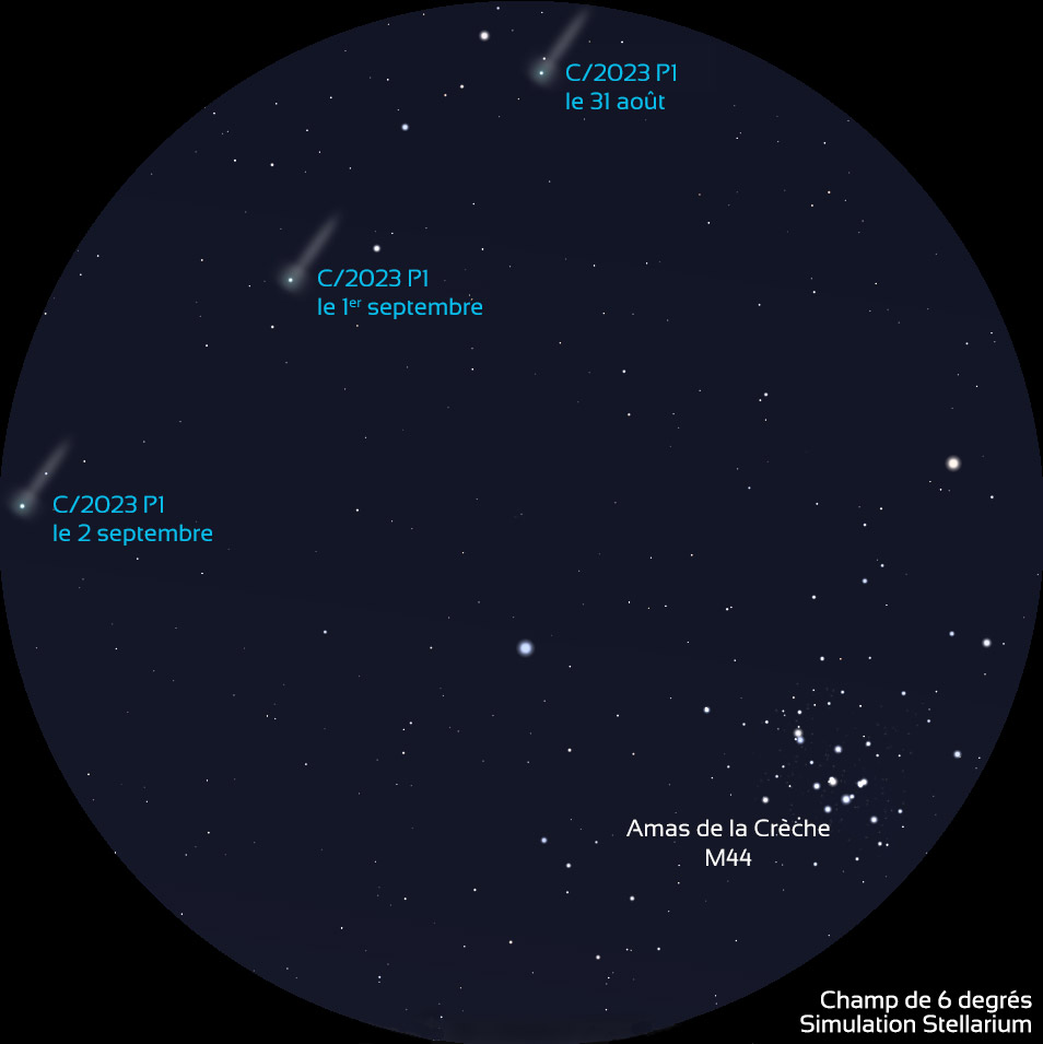 Illustration montrant le champ étoilé de M44 aux jumelles. Le fond de ciel est noir, l'amas M44 est en bas à droite et représenté par un groupe d'étoiles. En haut et à gauche, les trois positions de la comète Nishimura selon la date avec une représentation réaliste de son noyau et de sa queue diffus.