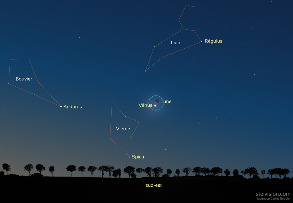 Illustration montrant un ciel nocturne. On voit les constellations au-dessus de l'horizon sud-est, le 9 novembre vers 7h. A gauche le Bouvier, en bas au centre la Vierge, en haut au cente le Lion. Vénus (point brillant blanc) et le croissant le Lune sont proches l'un de l'autre et situés entre la Vierge et le Lion. Un cercle bleu les entoure. Le premier plan est une allée d'arbres en ombre chinoise.