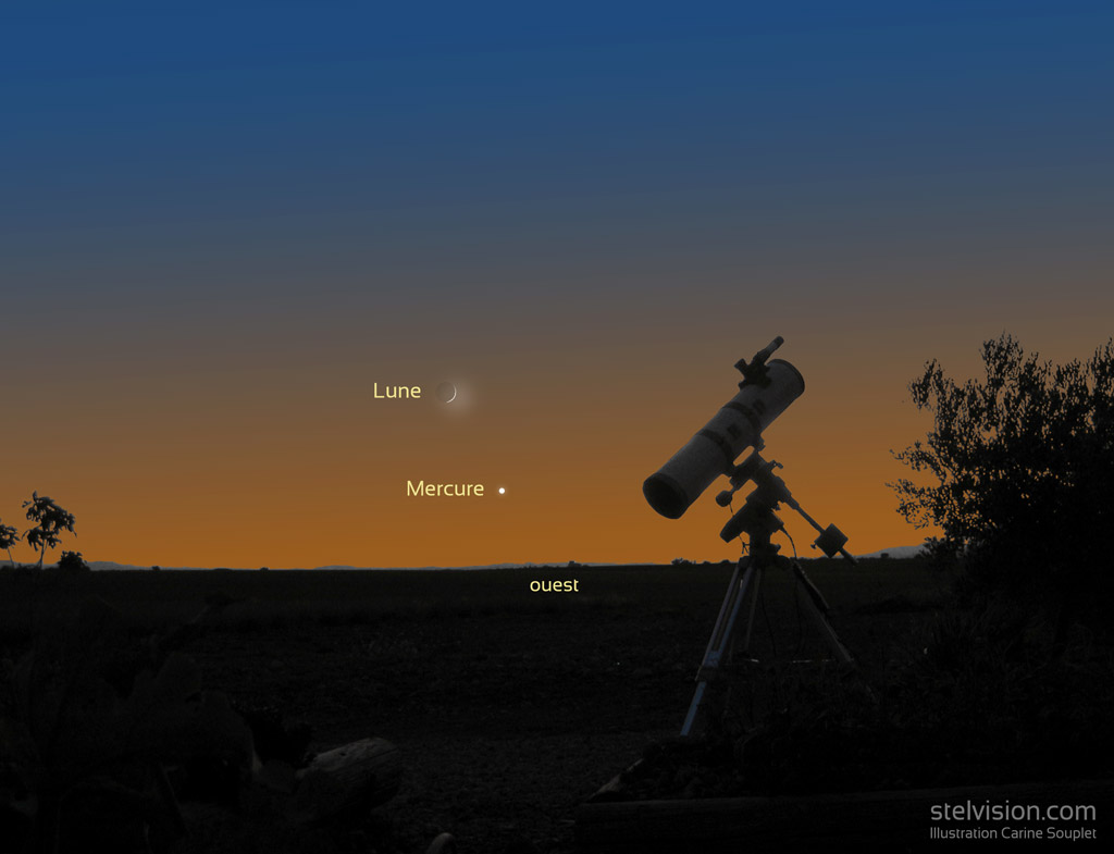 Scène de crépuscule à la campagne. En premier-plan, des arbustes et un télescope. Dans le ciel dégradé du bleu à l'orange, le point blanc brillant de Mercure est proche de 'horizon. Le fin croissant de Lune est au-dessus et à gauche.