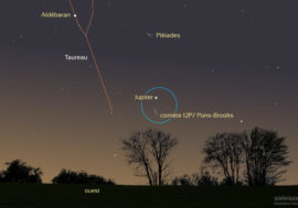 Positions de Jupiter et de la comète 12P/ Pons-Brooks le 13 avril 2024 vers 21h30 (heure de Paris).