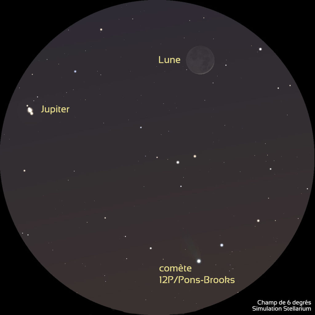 Illustration montrant les positions de Jupiter, la Lune et la comète 12P/Pons-Brooks, telles qu'on peut les voir dans une paire de jumelles le 10 avril. La Lune est en haut légèrement à droite, Jupiter est au tiers supérieur à gauche et la comète est en bas, légèrement à droite.