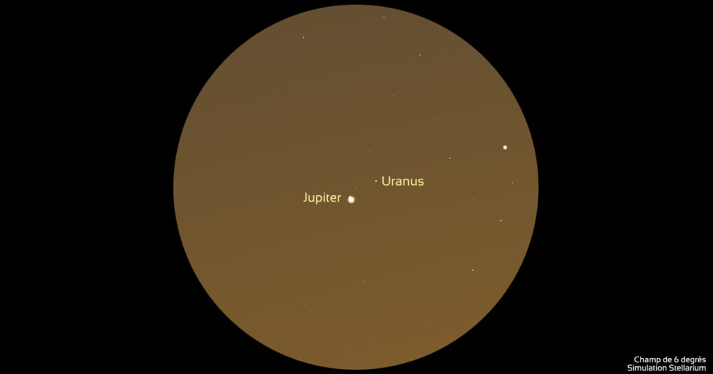 Illustration représentant le champ d'une paire de jumelles. Le disque avec un fond de ciel orangé montre un point très brillant représentant Jupiter à gauche et un petit point représentant Uranus à droite et un peu plus haut que Jupiter. On voit aussi quelques étoiles.