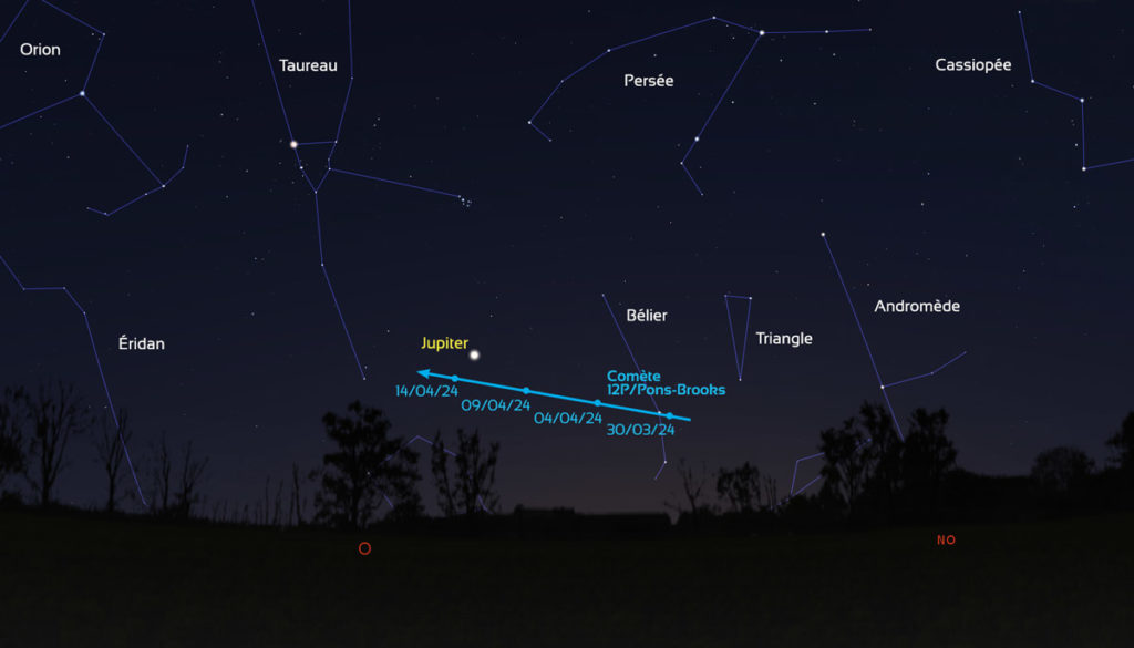 Trajectoire de la comète 12P/Pons-Brooks de 5 jours en 5 jours entre le 30 mars et le 14 avril 2024. La comète se déplace à travers les constellations du bélier et du Taureau, au ras de l'horizon.