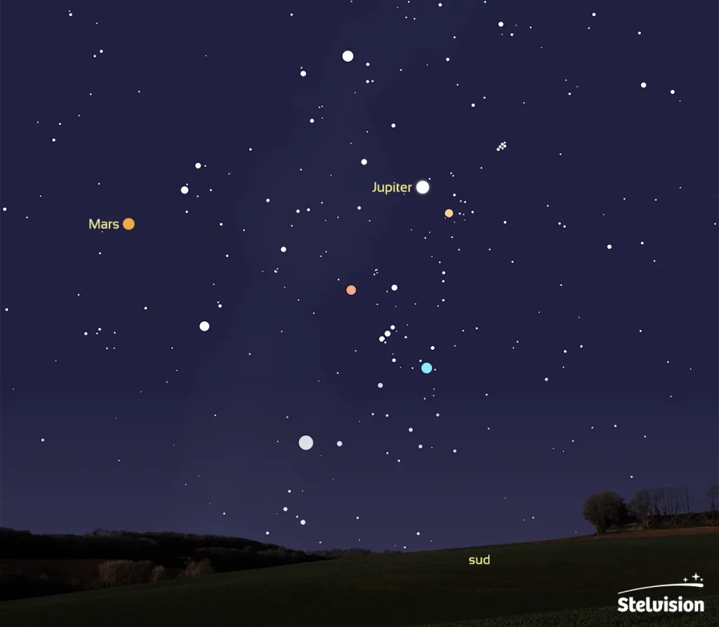 Illustration montrant un ciel étoilé avec un premier-plan de campagne. Il y a plusieurs étoiles brillantes qui dessinent une grande lettre G. Sur la gauche de l'image, le point orangé est la planète Mars. Presque au centre, le plus gros point blanc est la planète Jupiter.