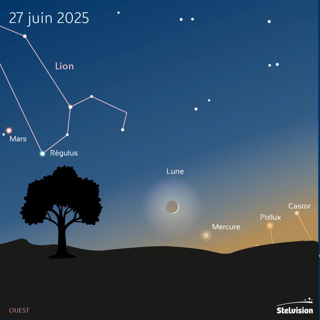 illustration fin croissant de Lune et planète Mercure dans le crépuscule le 27 juin 2025