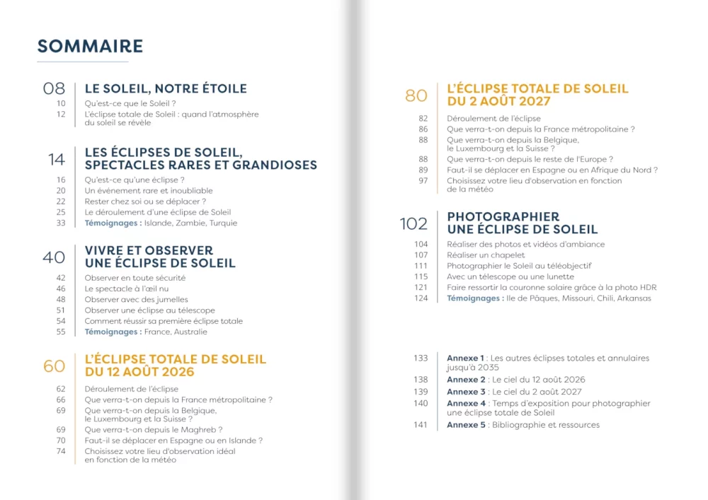 sommaire du livre Les Soleils noirs de 2026 et 2027, de Jean-Marc Lecleire, éditions Stelvision