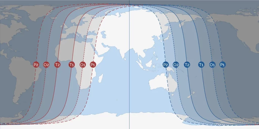 Carte de visibilité de l’éclipse totale de Lune du 7 septembre 2025. Dans les zones situées entre les courbes rouges marquées T1 et T2, la Lune est totalement éclipsée à son lever. Crédit : LTE.