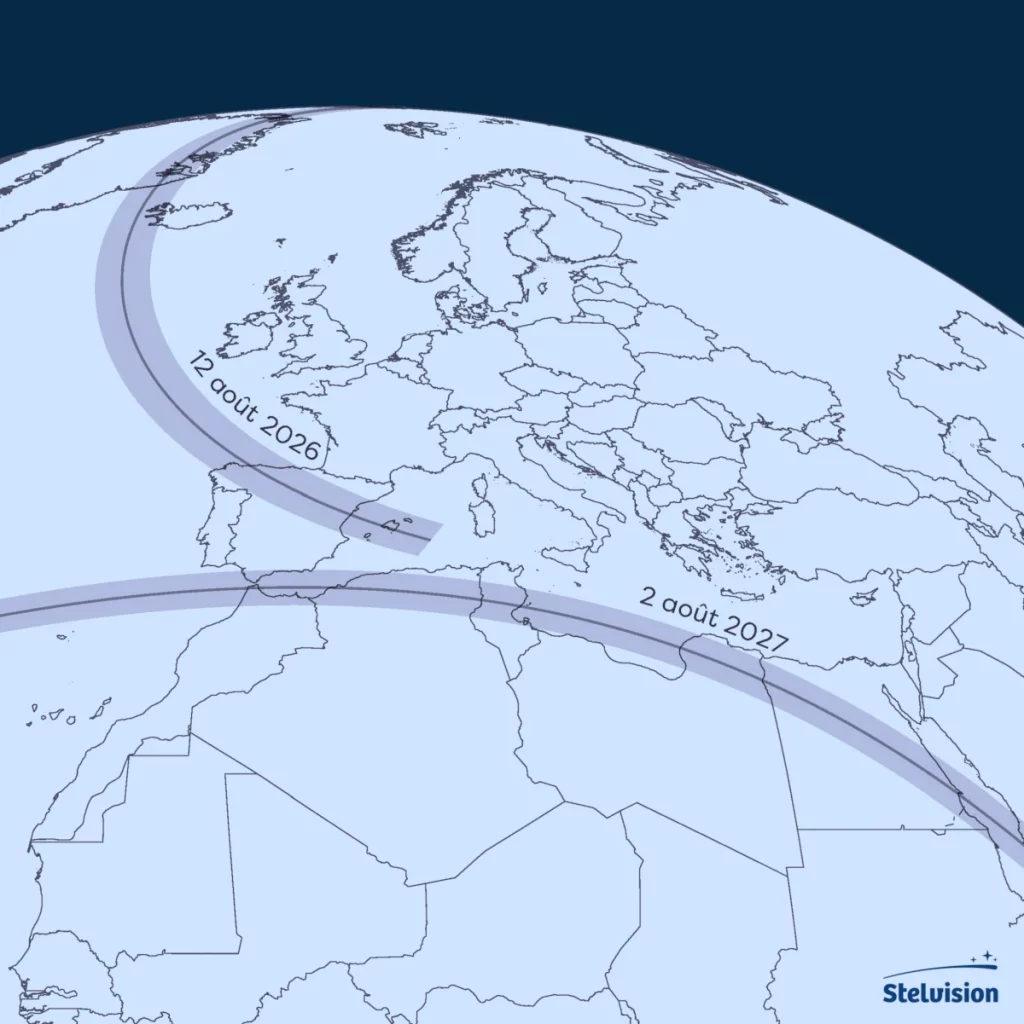 illustration globe céleste avec le parcours de l'ombre de la Lune lors des éclipses totales de Soleil de 2026 et 2027 - Illustration Stelvision