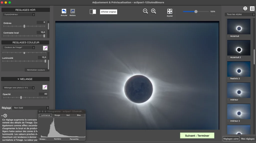 Exemple de capture d'écran du logiciel Photomatix Pro.