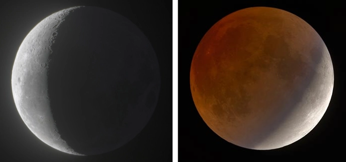 Deux exemples de photos HDR de la Lune : à gauche la lumière cendrée ; à droite une éclipse partielle de Lune. Le rendu est très proche de ce qu'on observe à l'oculaire d'un télescope.