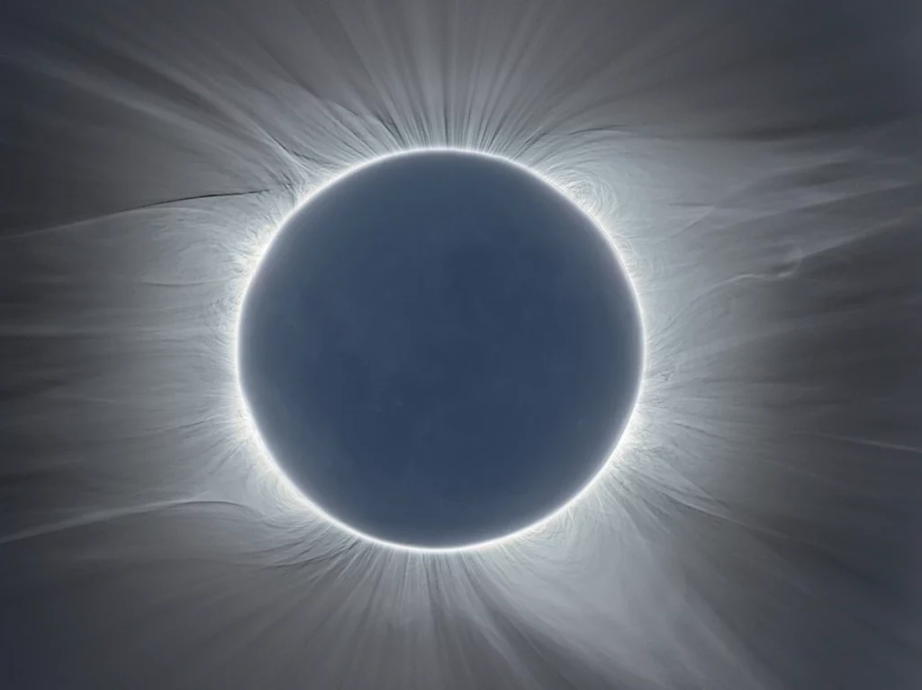 Photographie HDR de la couronne solaire réalisée le 11 juillet 2010 à l'île de Pâques. Photo : Jean-Marc Lecleire.
