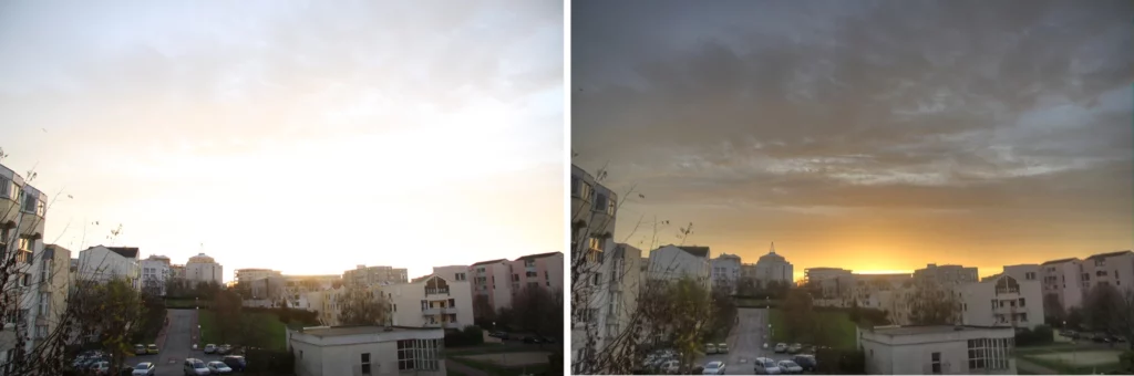 Exemple de photo réalisée à contre-jour au lever du jour. A gauche une image conventionnelle (onparle aussi d'image LDR, ou Low Dynamic Range) montrant le premier plan correctement exposé alors que le ciel est beaucoup trop clair. A droite, l'image HDR correspondante montre à la fois le premier plan et le ciel correctement exposés.