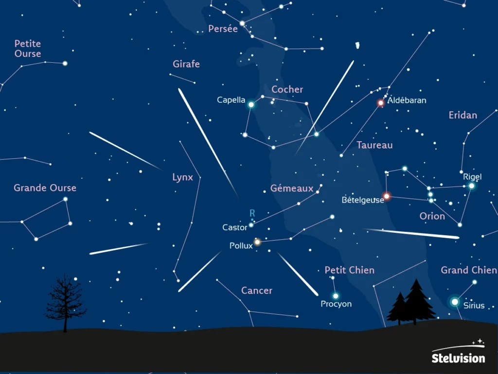 Carte du ciel montrant la position du radiant des Géminides (crédit : Bertrand d'Armagnac / Stelvision)